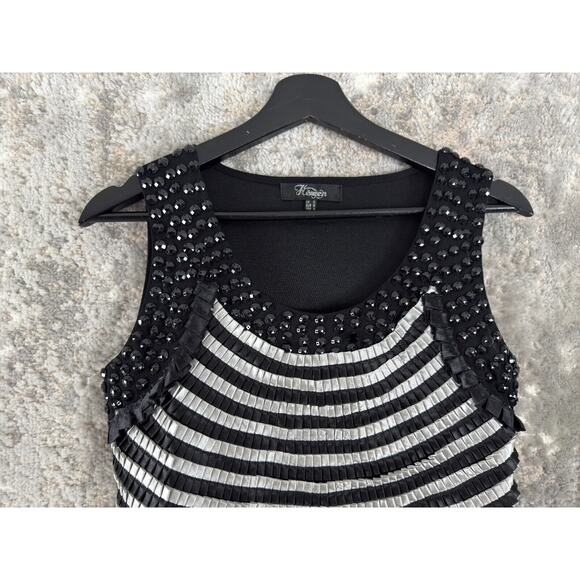 Heaven Sz 8 Beaded Sleeveless Stripes Sheath Knee Length Dress Black Silver Mesh - Picture 2 of 11